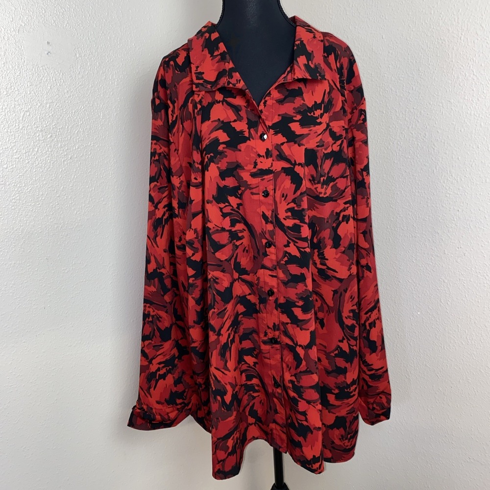 Catherines Blouse Button Up Plus 4X 30/32W Red Black Floral Long Sleeve Cuffed‎